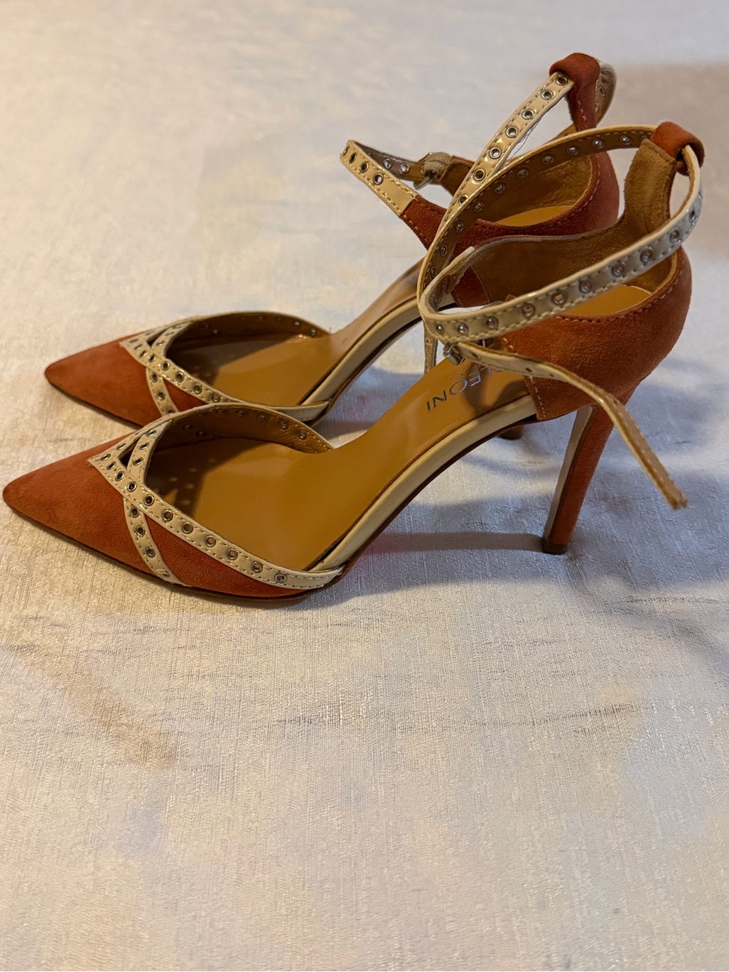 Naked Wolfe Rust Suede Pointed Ankle-Strap Heels With Cream Stud Accents — image 2 of 6